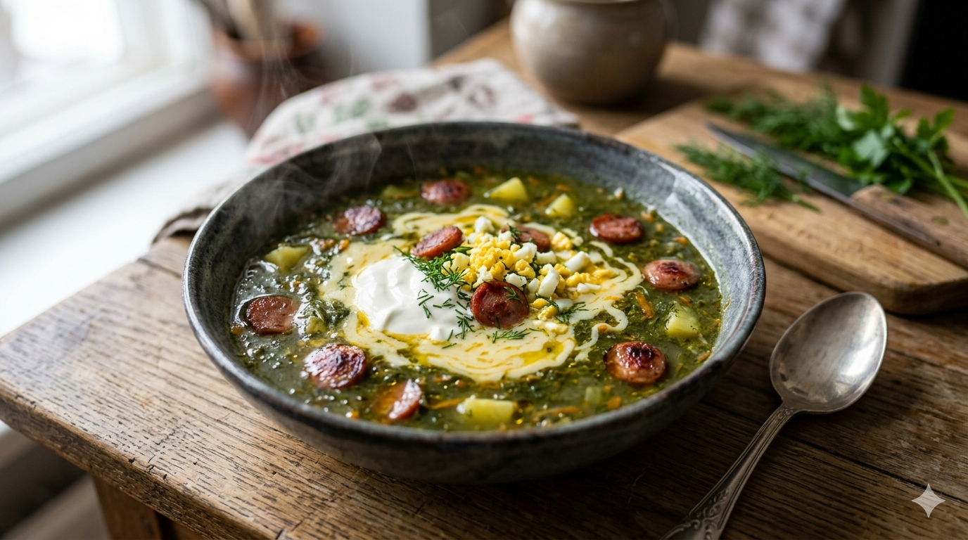 Щавлевий суп з ковбасками