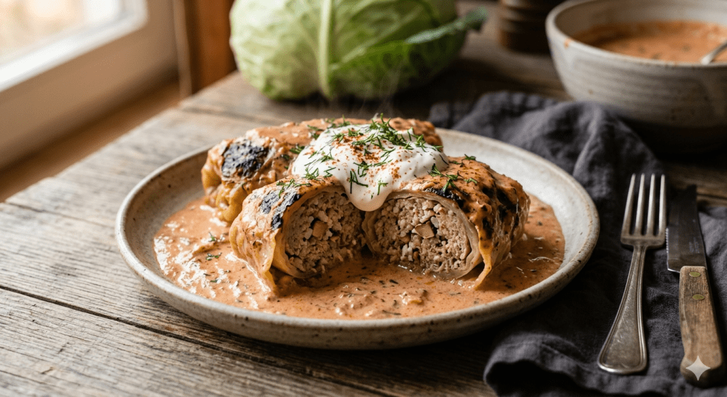 Соковиті голубці з рисом у вершково-томатному соусі на керамічній тарілці, зі сметаною та свіжим кропом.