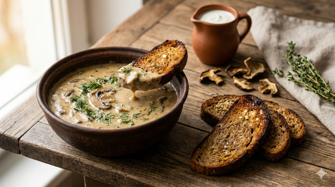 Гуцульська грибна мачанка зі сметаною та печеними грінками — густий, ароматний соус для макання хліба