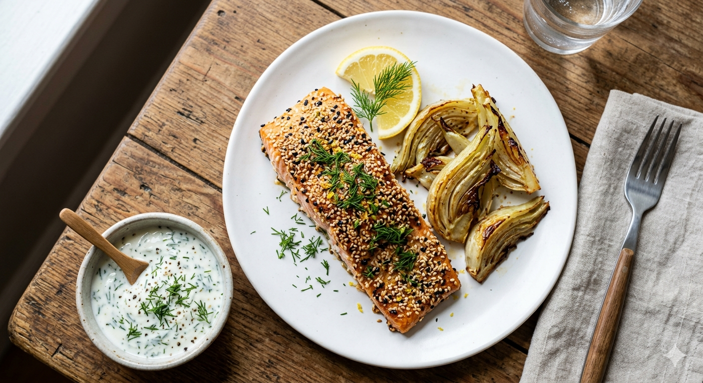 Запечений лосось у кунжутно-лимонній скоринці з печеним фенхелем та йогуртово-кроповим соусом