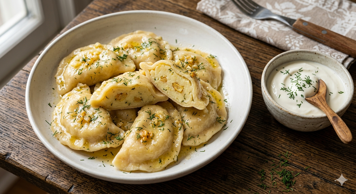 Вареники з картоплею та печеним часником, обсмажені з вершковим маслом та часниково-кроповою олією