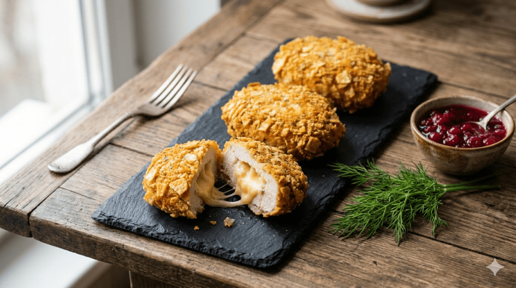 Золотаві курячі котлети з хрусткою скоринкою з подрібнених чіпсів, всередині розплавлений сир та соковитий фарш. Подаються з журавлинним соусом на темній сланцевій тарілці.