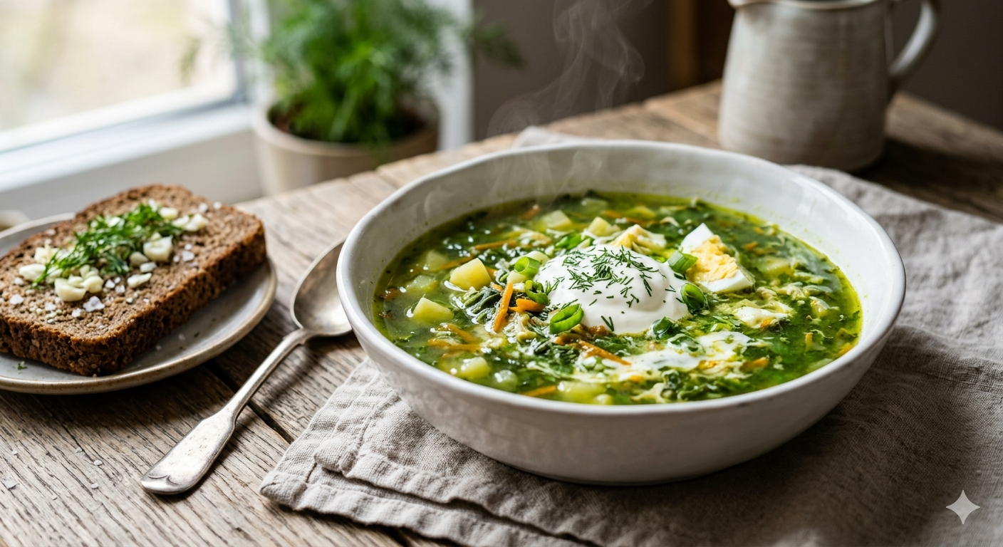 Зелений борщ із щавлем та шпинатом ніжний, як весна.