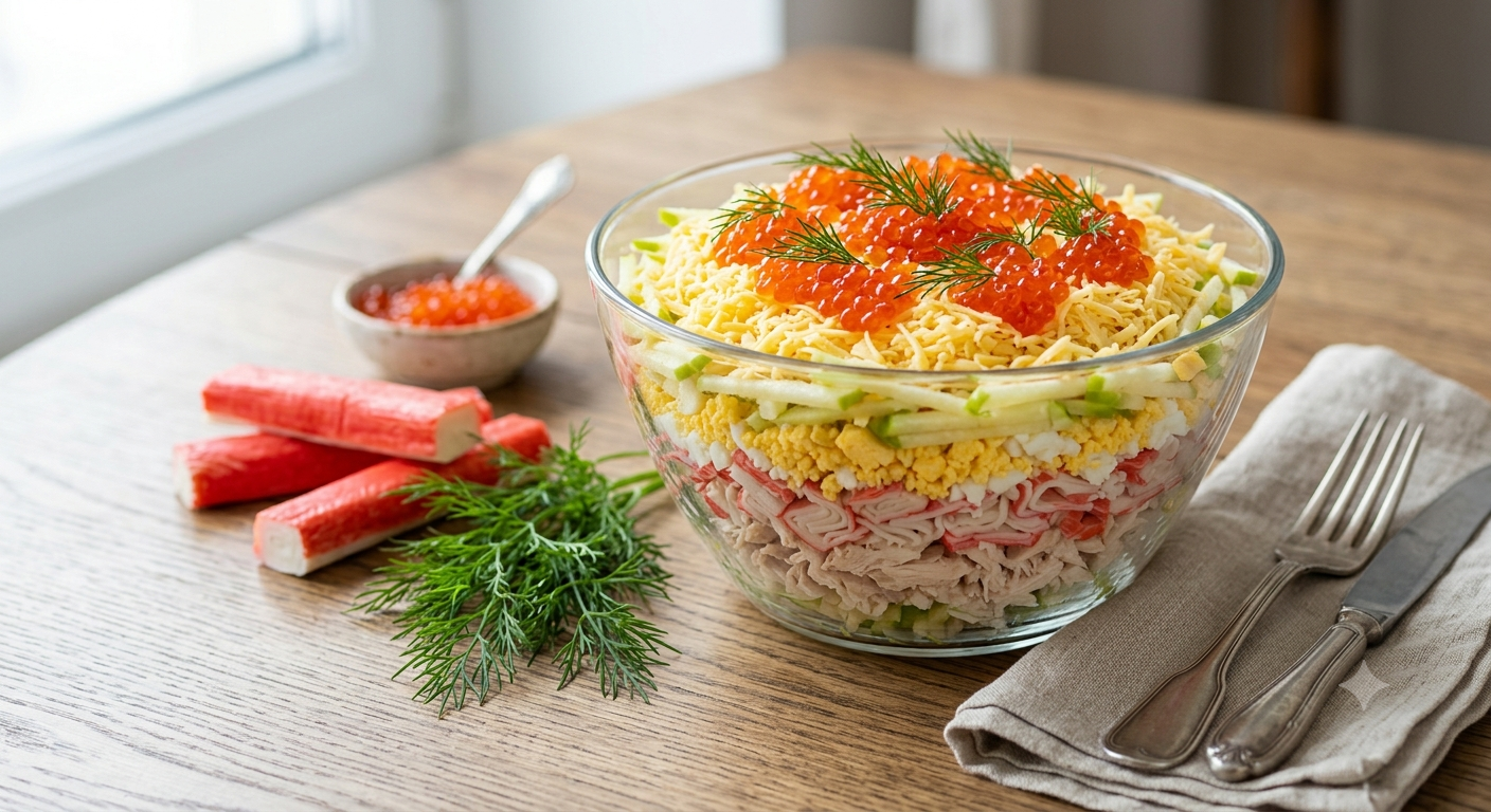 Салат “Корал” з куркою та крабовими паличками: ресторанний рецепт вдома.